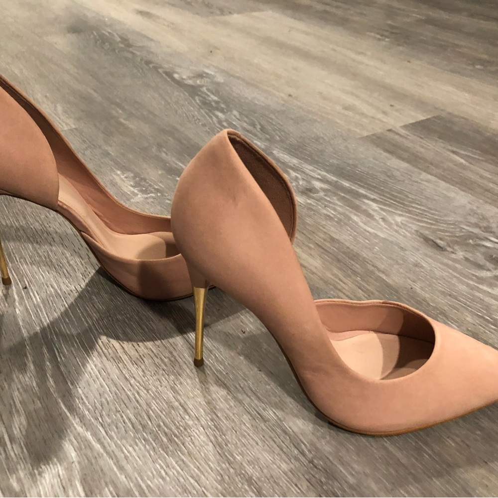 Pink suede Aldo D'orsay heels with gold detailing